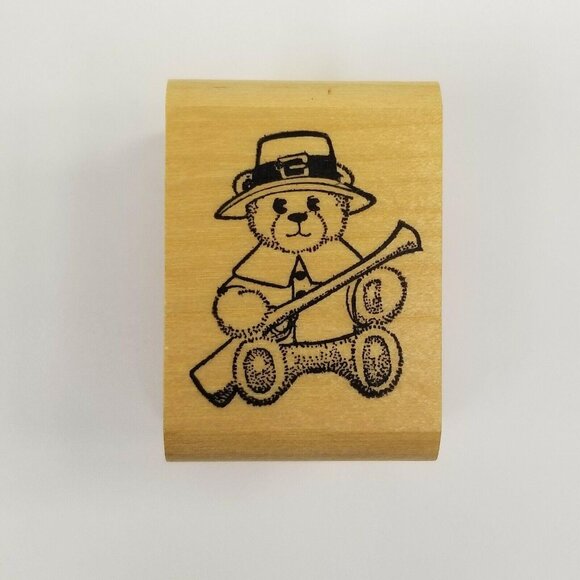 Unmarked Wood Rubber Stamps Thanksgiving Pilgrim Bear Easter Bunny Rabbit Set - Picture 5 of 9